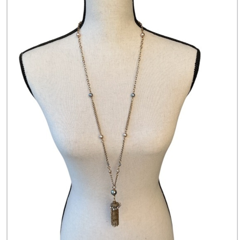 Gold tone Faux Pearl tassel Pendant Necklace